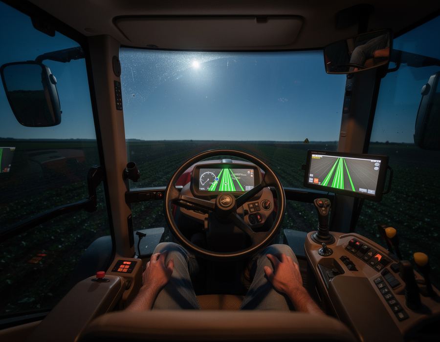 Tractor cab at night, GPS guidance display glowing