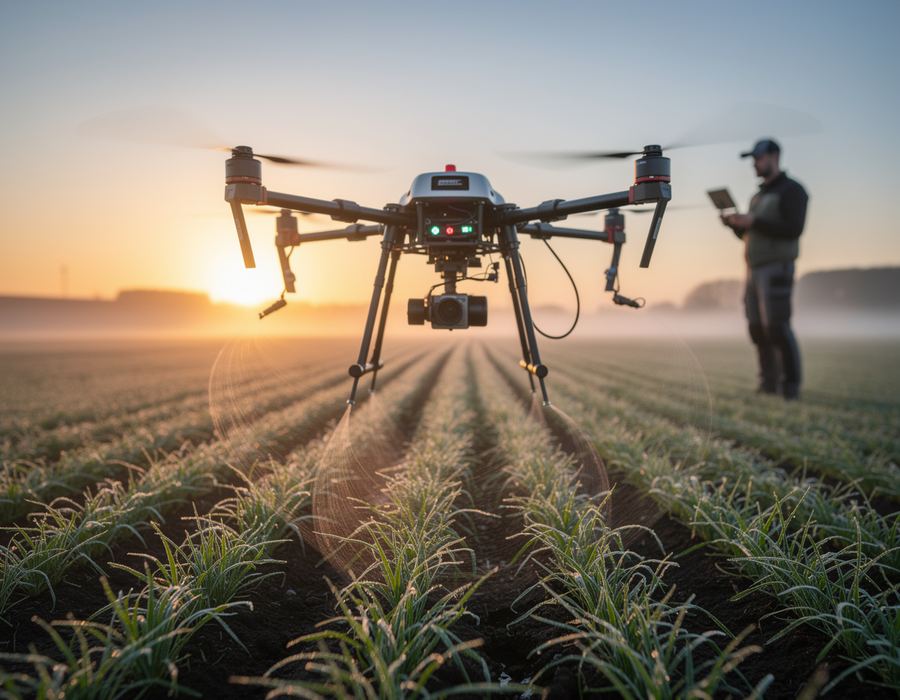 Agricultural drone low over crop rows