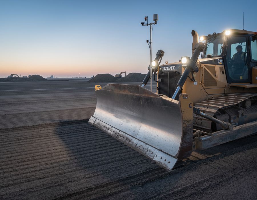 GPS-guided dozer grading at dusk